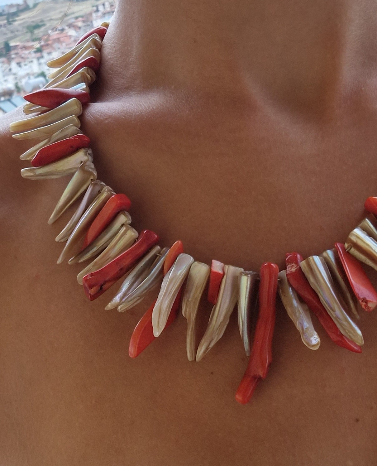 Balkan Vintage Coral-Red & Mother-of-Pearl Statement Necklace