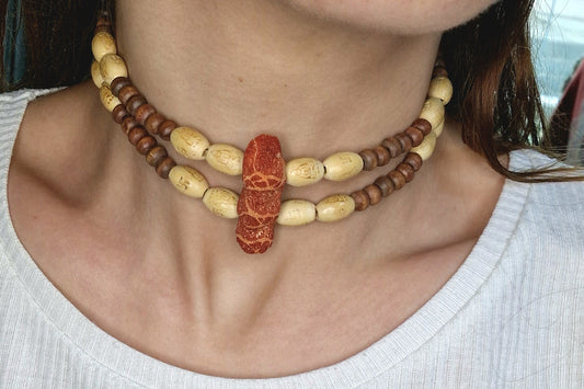 Earth Totem Necklace - Wood & Coral Choker