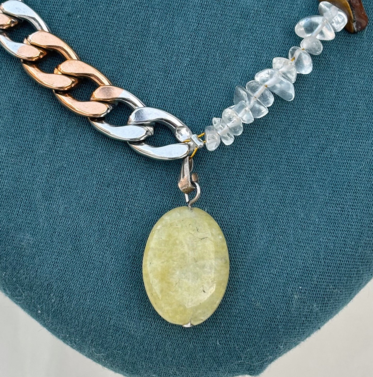 Serpenite Pendant Necklace with Tiger Eye & Clear Quartz - Natural Crystal Jewelry, Stainless Steel Chain