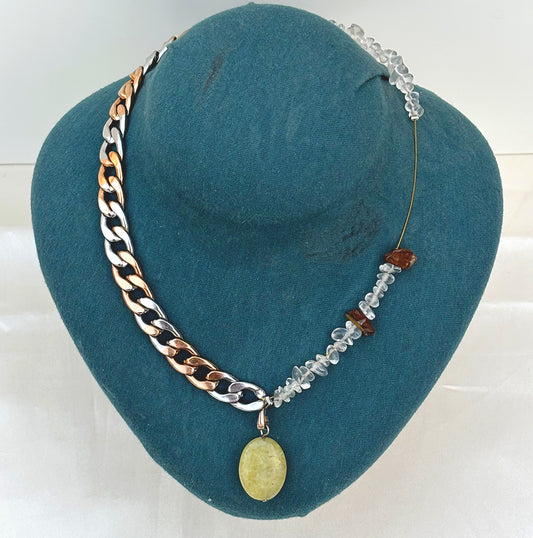 Serpenite Pendant Necklace with Tiger Eye & Clear Quartz - Natural Crystal Jewelry, Stainless Steel Chain