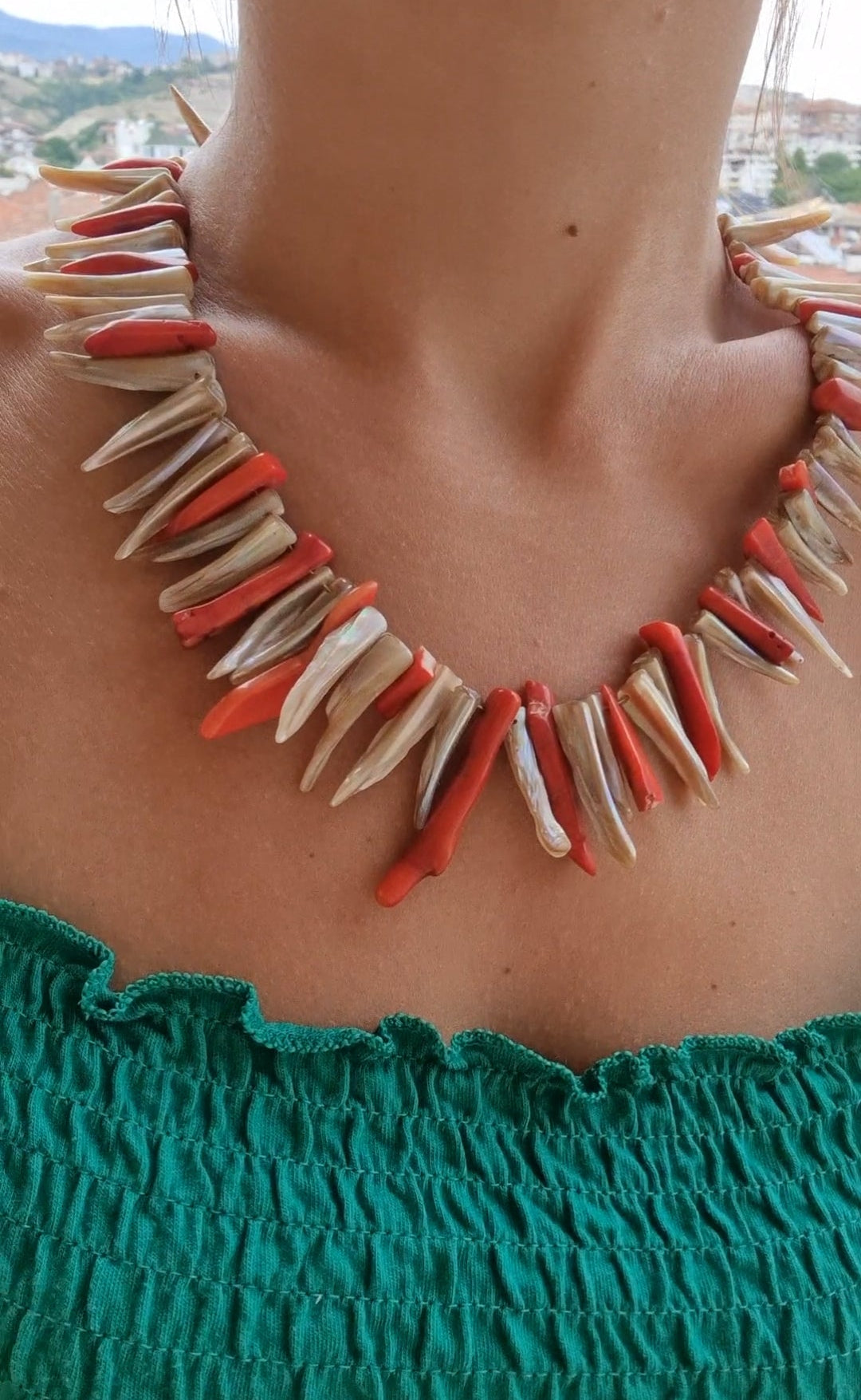 Balkan Vintage Coral-Red & Mother-of-Pearl Statement Necklace